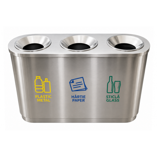 Cos de gunoi pentru colectare selectiva din inox cu 3 compartimente Cos de gunoi pentru colectare selectiva din inox cu 3 compartimente