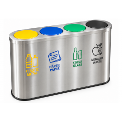 Cos de gunoi pentru colectare selectiva din inox, 4 compartimente, 4x60L, capace colorate