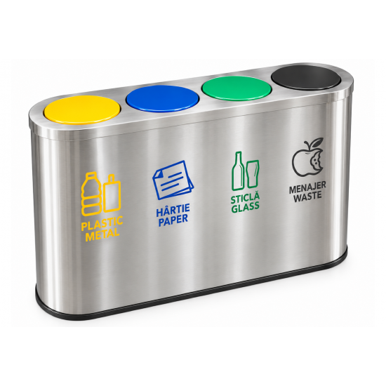 Cos de gunoi pentru colectare selectiva din inox, 4 compartimente, 4x60L, capace colorate