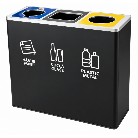 Cos de gunoi negru pentru colectare selectiva, 3 compartimente, 3x60L