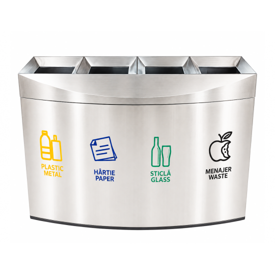 Cos gunoi modern pentru colectare selectiva din inox, 4 compartimente, 3x60L
