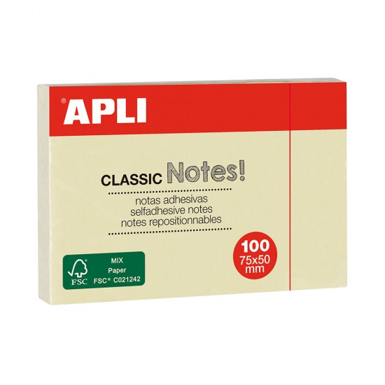 Notite adezive, Apli, 50 x 75 mm, galben, 100 file Notite adezive, Apli, 50 x 75 mm, galben, 100 file