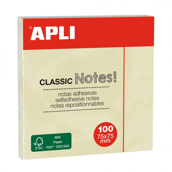 Notite adezive, Apli, 75 x 75 mm, galben, 100 file Notite adezive, Apli, 75 x 75 mm, galben, 100 file
