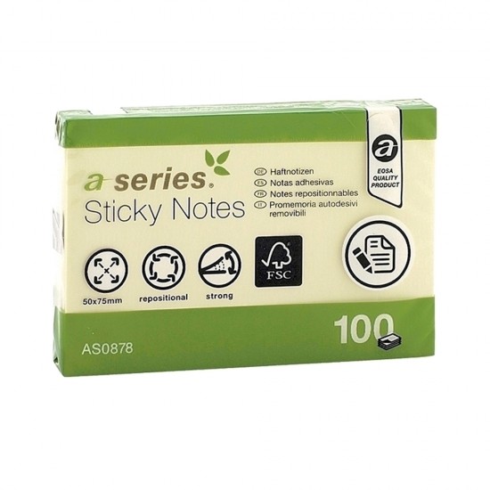 Notite adezive, A-Series, 50 x 75 mm, galben, 100 file Notite adezive, A-Series, 50 x 75 mm, galben, 100 file