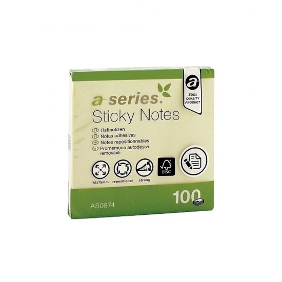 Notite adezive, A-Series, 75 x 75 mm, galben, 100 file Notite adezive, A-Series, 75 x 75 mm, galben, 100 file