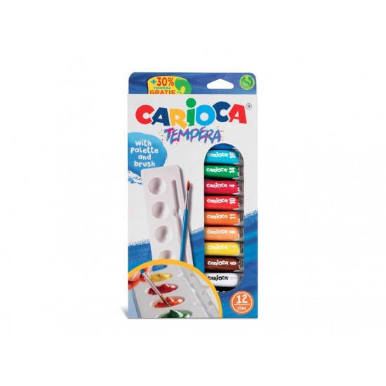 Acuarele tempera Carioca 12 culori 10 ml cu tăviță și pensulă