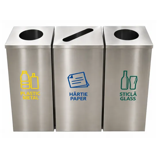 Cos de gunoi pentru colectare selectiva din inox, cu 3 compartimente